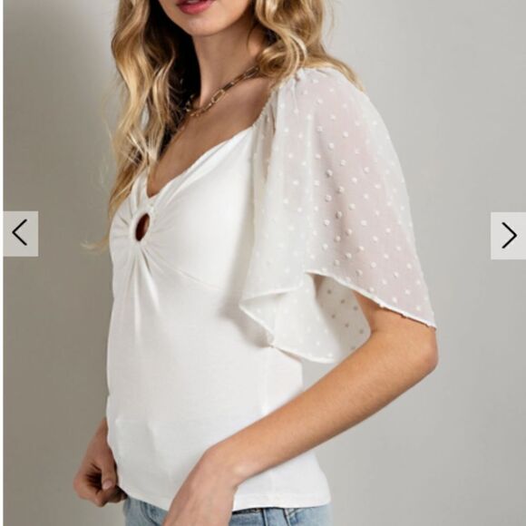 White Butterfly Sleeve Swiss Dot O Ring Keyhole Front Short Sleeve Shirt Boho - Picture 4 of 7